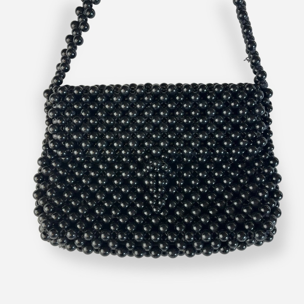Vintage‎ Beaded Black Purse Shoulder Bag Purse Flap Japan 60s Lacquerware